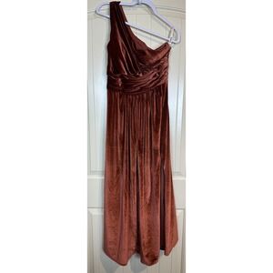 Orange Brown Velvet Velour One Shoulder Maxi Dress party wedding formal Sz 10
